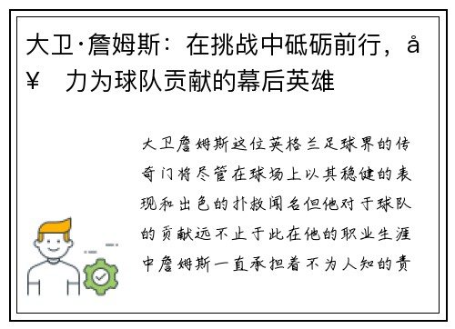 大卫·詹姆斯:在挑战中砥砺前行,奋力为球队贡献的幕后英雄